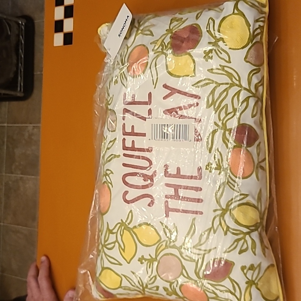 NWT Decorative Feather Pillow, "Squeeze the Day" embroidered front & yellow back